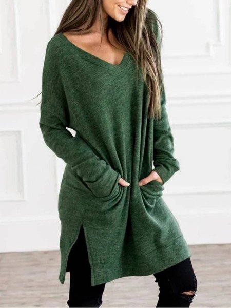 

Regular Fit Plain V Neck Shirts & Tops, Green, Tops