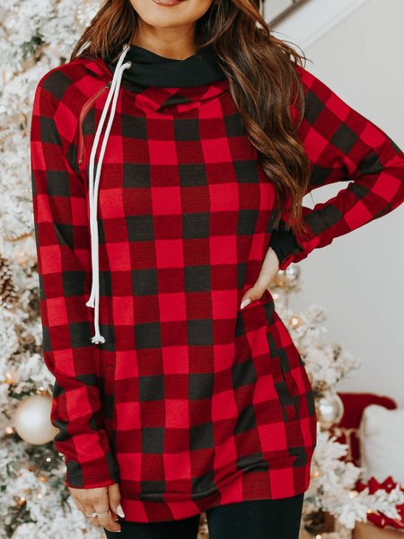 

Casual Long Sleeve Plaid Hooded Regular Fit Sweatshirt, Red, Hoodies & Sweatshirts