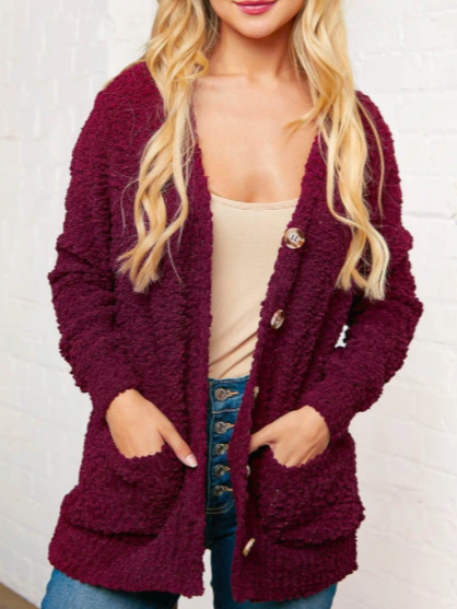 

Loosen Casual Outerwear Simple plush cardigan, Wine red, Cardigans
