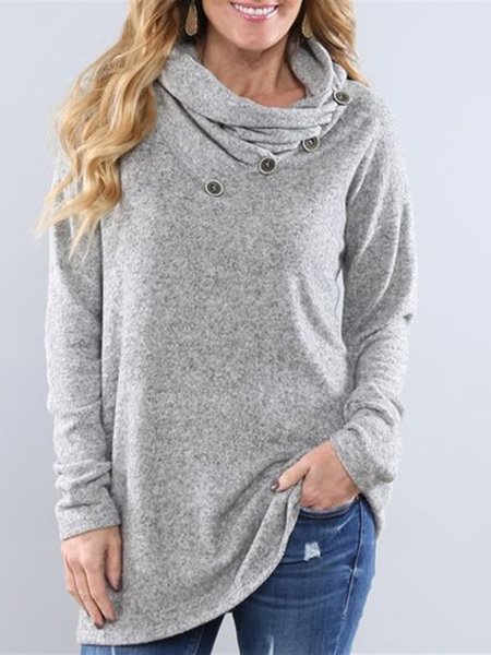 

Solid Long Sleeve Cowl Neck Casual Shirts & Tops, Gray, T-Shirts