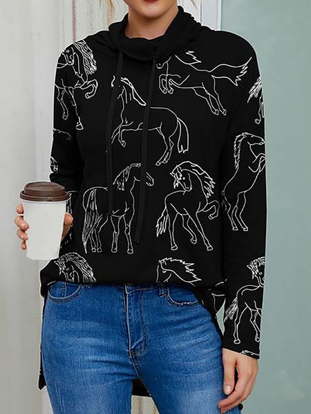 

Horses Print Drawstring Cowl Neck Long Sleeve Black Tops, Long sleeve tops
