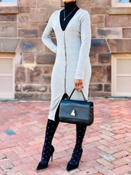 

Winter V neck Elegant Date Daily Mid-weight Dresses, Gray, Midi Dresses