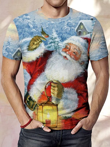 

Santa Claus Print Crew Neck Shirts & Tops, As picture, T-shirts
