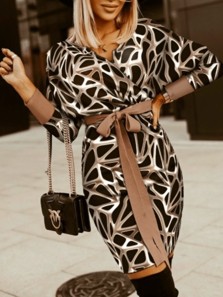 

Winter V Neck Slim Fit Geometric Long sleeve High Stretch Dresses, As picture, Mini Dresses