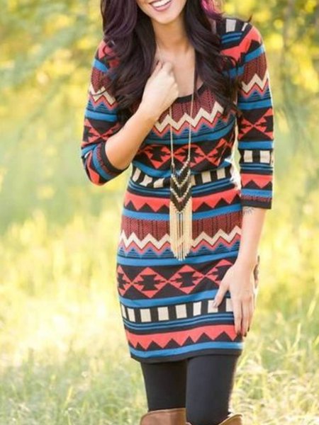 

Long Sleeve Crew Neck Printed Dresses, Multicolor, Mini Dresses