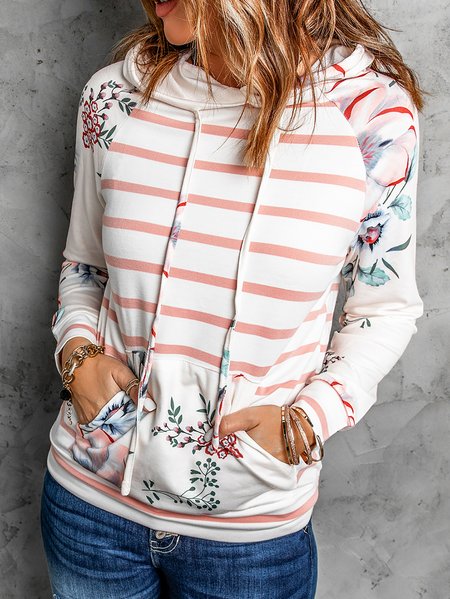 

Floral Stripe Print Hoodie with Kangaroo Pocket Sweatshirt, White, Sweatshirts & Hoodies