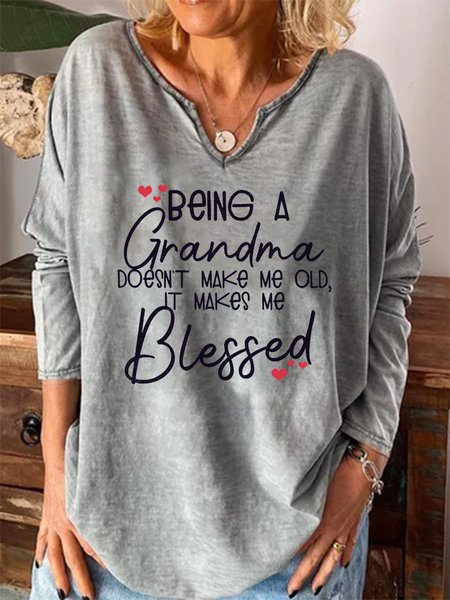 

Grandma Vintage Letter Loosen Tops, Gray, Long sleeves