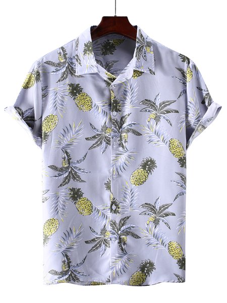 

Pineapple tropical plant print holiday men's shirt, Light blue, Short Sleeves Shirts
