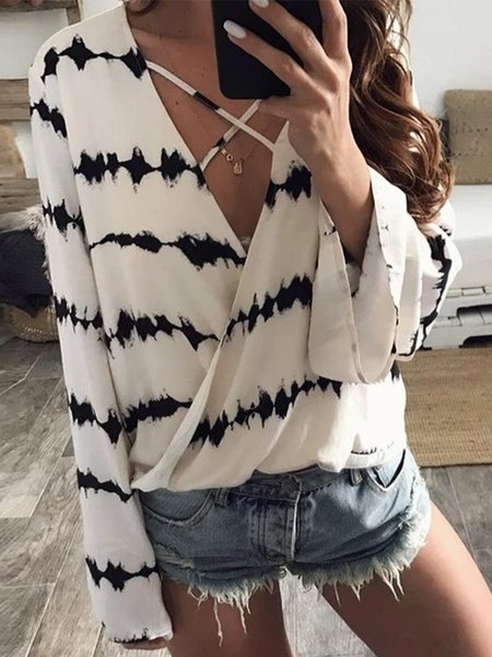 

Tie-dyed Striped Long Sleeve V Neck Plus Size Casual Tops, White, Tops