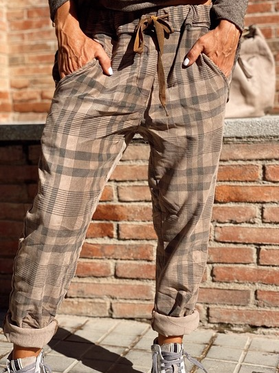 

Check casual elastic waist loose pants, Khaki, Pants