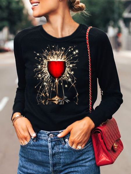 

Loosen Shirts & Tops Fireworks red wine glass New Year's day top, Black, Long sleeve tops