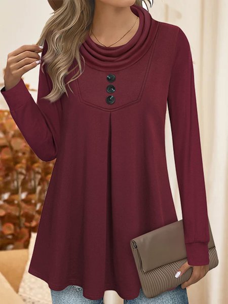 

Long Sleeve Cowl Neck Solid Casual Shirts & Tops, Red, T-Shirts
