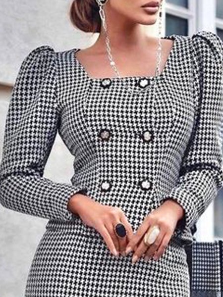

Simple Elegant Square Neck Regular Fit Houndstooth Outerwear, Black-white, Jackets