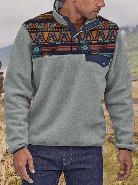 

Casual Western Printed Men's Stand Collar Sweatshirt, Light gray, Hoodies&Sweatshirts