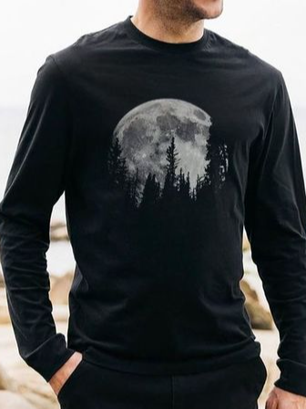 

Crew Neck Long Sleeve Cotton Shirts & Tops, As picture, T-shirt