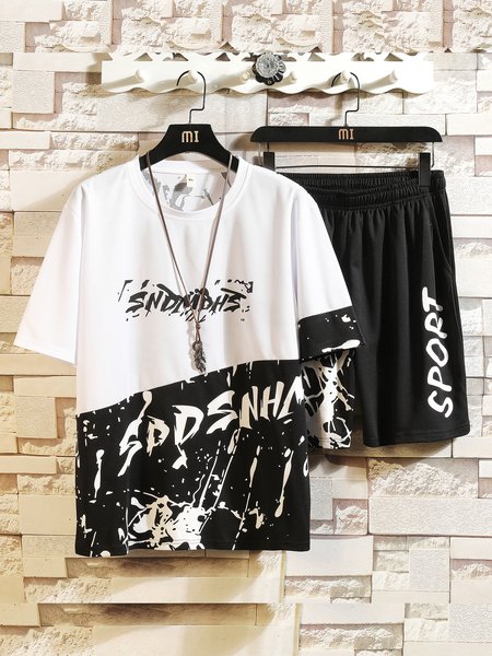 

Men's letter print stitching short suit, Black-white, T-shirts