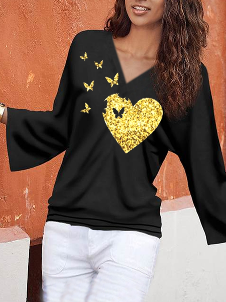 

Casual Flare Sleeve Loosen V Neck Shirts & Tops Golden Love Butterfly Top, Black, Long sleeve tops