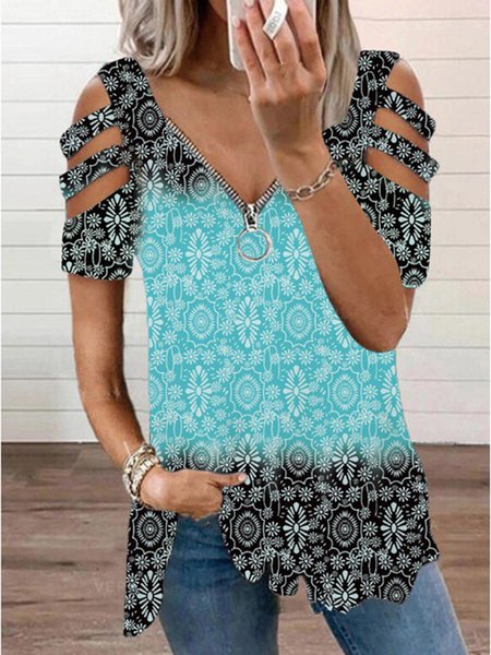 

Casual Color Block T-shirt, Blue, T-Shirts