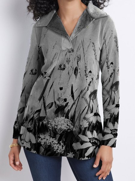 

Loosen Floral Lapel Shirts & Tops, Gray, Tops