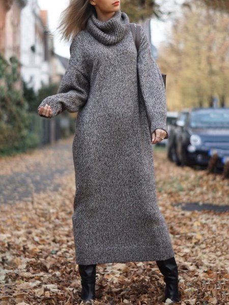 

Casual Long Sleeve Cowl Neck Plus Size Dress, Gray, Maxi Dresses