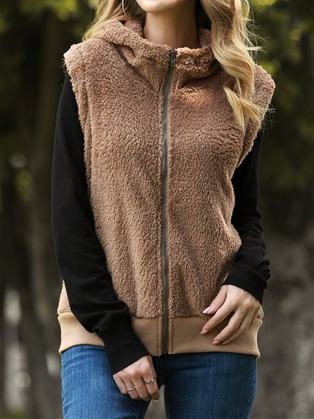 

Plain Casual Hooded Outerwear, Brown, Outerwear