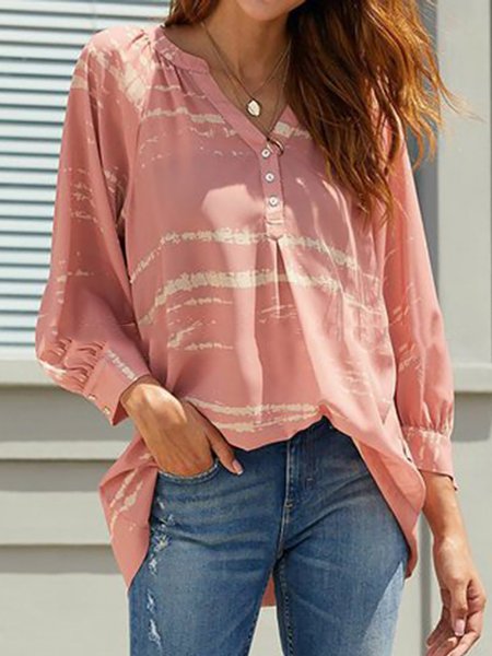 

V-neck Stripe Print Long Sleeve Casual Blouse & Tops, Pink, Blouses & Shirts
