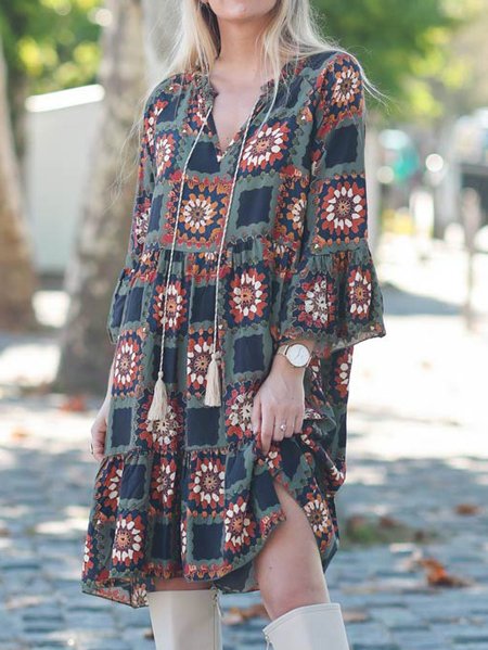

V Neck Cotton Blends Tribal Dresses, Dark green, Boho dresses
