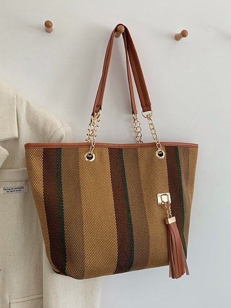 Casual Striped Fringe Tote Bag, Brown, Women's Bags