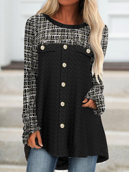 

Long sleeve round neck geometric check loose top T-shirt, Black, Tunics