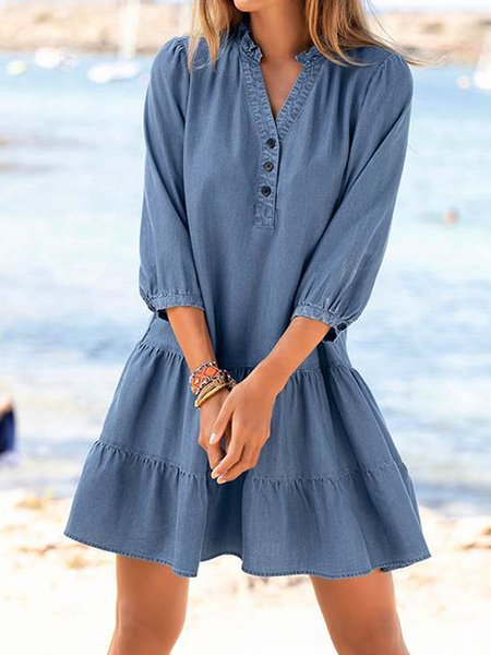 

V Neck Loosen Plain Dresses, Blue, Mini Dresses