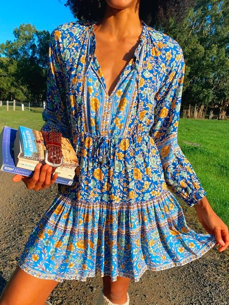 

Boho Loosen Dresses, Blue, Mini Dresses
