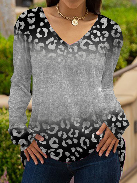 

Long sleeve V-neck geometric leopard gradient top T-shirt, Black, Long sleeve tops