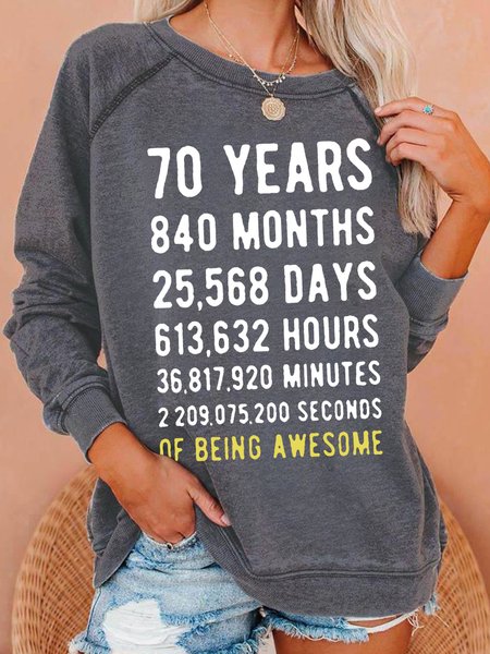 

70 Years Old Elder Funny Words Regular Fit Letter Casual Sweatshirt, Gray, Hoodies&Sweatshirts