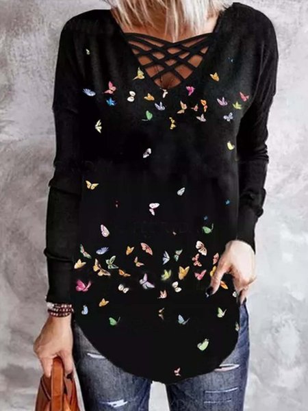 

Butterfly Loosen Casual Long Sleeve Tops, Black, Long sleeve tops