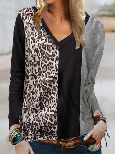 

Long sleeve V-neck geometric stripe leopard print top T-shirt women, Black, Long sleeve tops