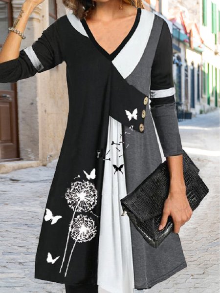 

Floral V Neck Dresses, Black, Tie dye dress
