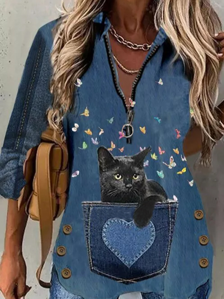 

Casual Cotton Blends Shirts & Tops, Blue, Long sleeve tops