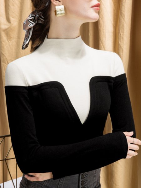 

Long Sleeve Solid Skinny Lady Top, Black-white, Blouses and Shirts