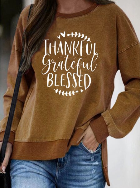 

Thankful Grateful Blessed Print Crew Neck Sweatshirt, Khaki, Hoodies&Sweatshirts