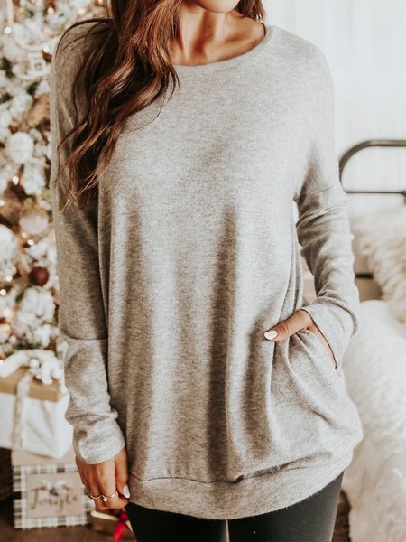 

Plain Pockets Long Sleeves Crew Neck Plus Size Casual Tops, Gray, T-Shirts