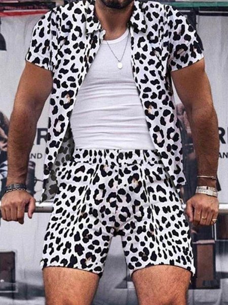 

Leopard Print Casual Print Hawaiian Men's Short Sleeve Suit, As picture, Men's sets