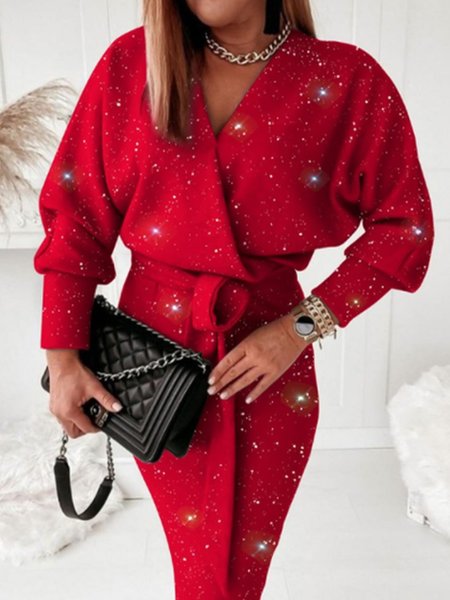 

V Neck Date Party Long Sleeve Printed Dress, Red, Maxi Dresses
