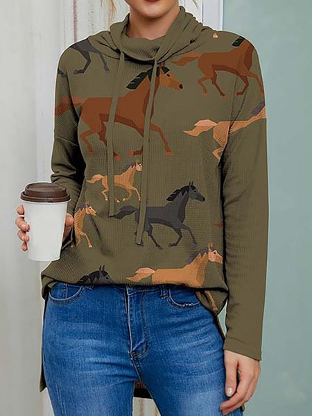 

Casual Horse Print Waffle-Knit Drawstring Cowl Neck Tops, Army green, Long sleeve tops