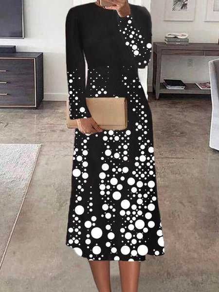 Cotton Polka Printed Crew Neck Dresses, Black, Casual Dresses