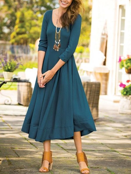

Casual U-Neck Solid A-line Three Quarter Dresses, As picture, Midi Dresses