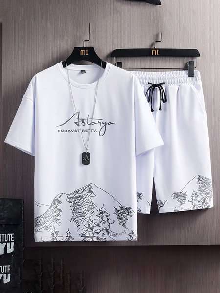 

Men's casual sports printing suit, White, T-shirts