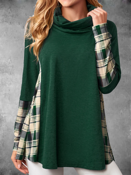 

Long sleeve pile neck high neck plain color stitching geometric check top T-shirt women, Green, Tunics