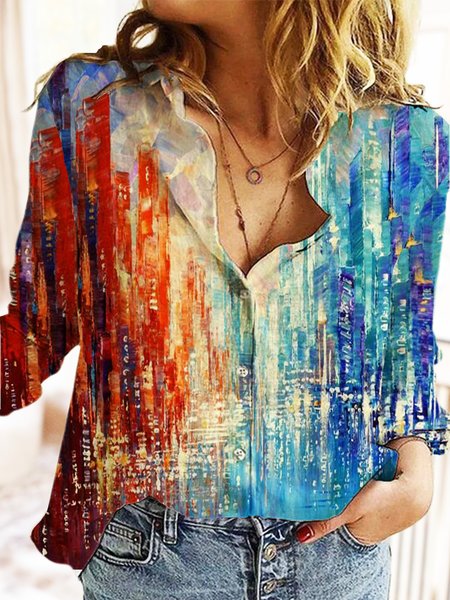 

Abstract Casual Loosen Shirt Collar Shirts & Tops（accessory not included）, Red-blue, Shirts & Blouses