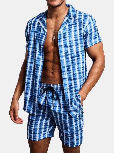 

Tie-dye Print Hawaiian Short Sleeve Suit, Sky blue, Men's sets