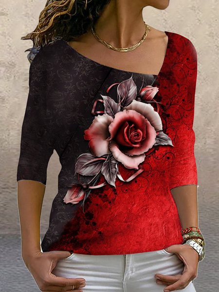 

Long sleeve asymmetric collar geometric gradient plant flower rose top t-shirt female, Red-black, Long sleeve tops